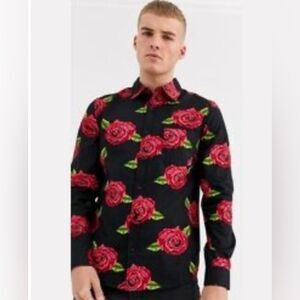Men's Process Black Floral Print Shirt Black w/Roses S